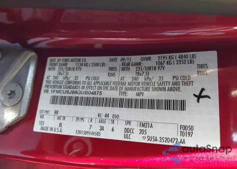 2016 Ford Escape Titanium from USA, damaged, VIN 1FMCU9J99GUB04875